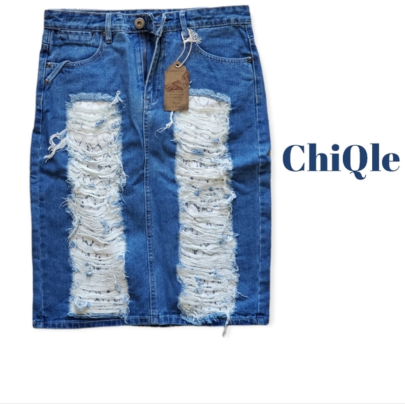 Chiqle Dresses & Skirts - ChiQle Denim Skirt Destroyed Ripped Lace Patch